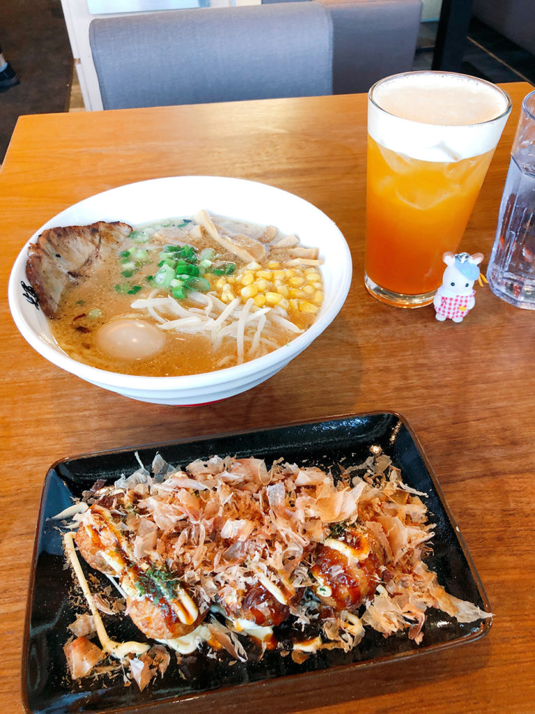 ramen, takoyaki, and peach tea for lunch